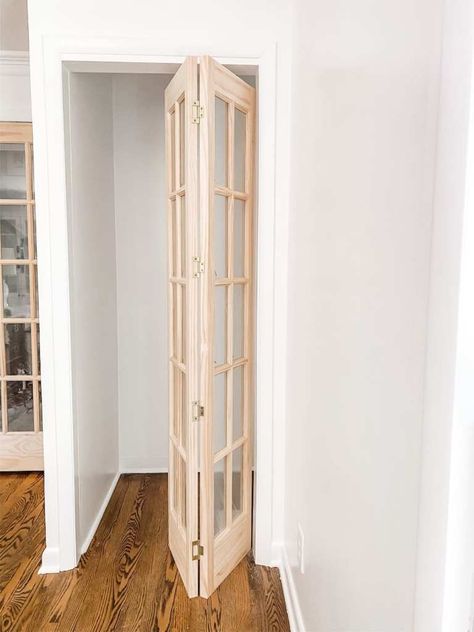 Small French Closet Doors, Double Folding Doors Interior, French Doors To Closet, French Doors Laundry Room, Converting Hallway Closet, Bifold Door To French Door Diy, Tri Fold Doors, Salon Doors, Closet French Doors