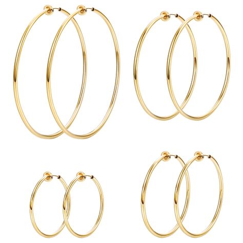 LOYALLOOK 4 Pairs Stainless Steel Clip On Hoop Earrings for Women Fake Hoop Earrings Spring Hoop Earrings For Non-Pierced Ear Ear Pierce, Clip On Hoop Earrings, Fake Earrings, Cartilage Earrings Hoop, Large Hoop Earrings, Affordable Jewelry, San Valentino, Earings Piercings, Earrings For Women