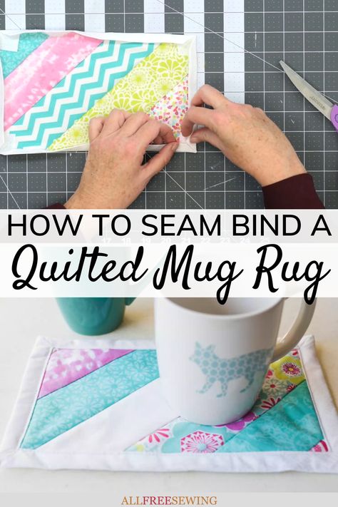 This How to Prep a Quilted Mug Rug video tutorial will show you everything you need to do to get your mug rug ready for binding and finishing, which you will learn in the next video. If you aren't a visual learner, don't fret! After the video, we have a full written tutorial with step-by-step photos. Rug Binding, Mug Pattern, Quilted Mug Rug, Mug Rug Tutorial, Patchwork Projects, Trendy Sewing Projects, Binding Tutorial, Rug Tutorial, Mug Rug Patterns