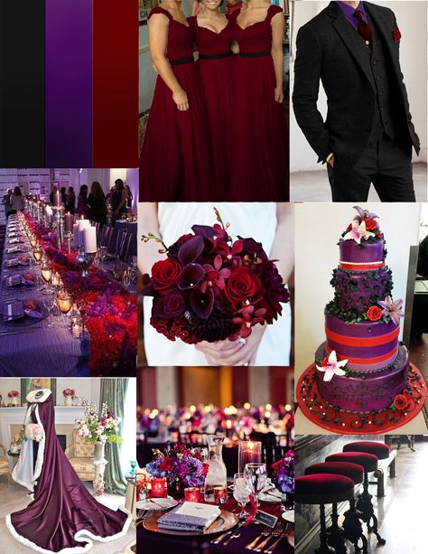 Dark Purple Wedding Colors, Dark Purple Wedding Theme, Purple And Red Wedding, Red Wedding Colors, Red Purple Wedding, Purple Wedding Colors, Purple Black Wedding, Wedding Color Schemes Purple, Lavender Wedding Colors