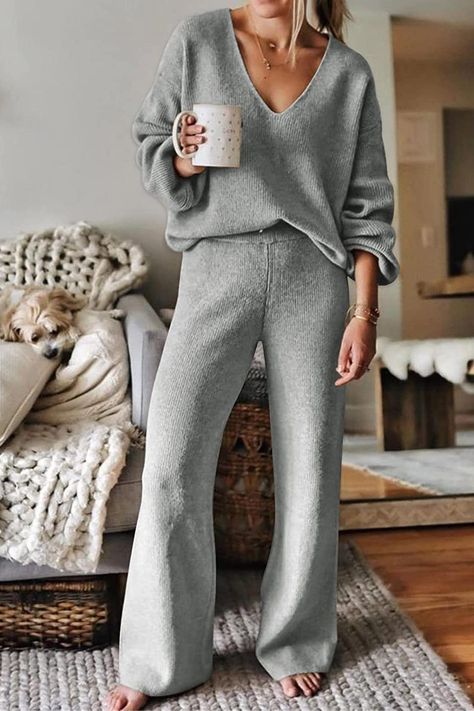 Polished Sporty Outfits, 2 Piece Lounge Set Outfit, Knit Sweaters Outfit, Sweater Lounge Set, Sweatsuit Outfits, Lounge Sets For Women, Knit Loungewear Set, At Home Outfits, Lounge Outfits