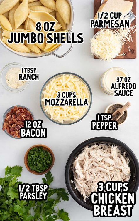 Chicken Alfredo Stuffed Shells raw ingredients that are labeled Alfredo Stuffed Shells, Chicken Alfredo Stuffed Shells, Chicken Stuffed Shells, Shells Recipe, Fast Dinner Recipes, Dinner Recipes For Family, Stuffed Shells Recipe, Tasty Pasta, Stuffed Pasta Shells