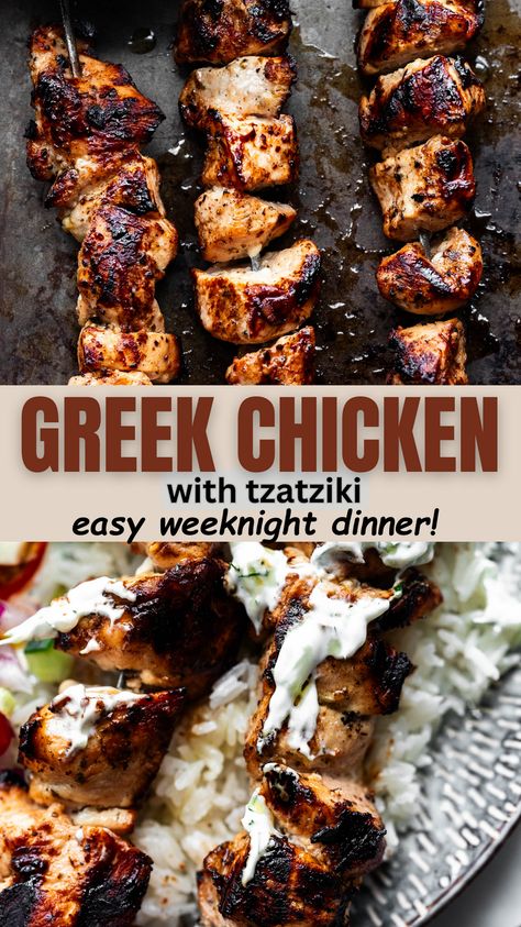 Greek Chicken with Tzatziki is an easy, grilled weeknight dinner that can be ready in about 30 minutes. It's so good, and perfect for the entire family! Greek Chicken Kebabs With Tzatziki Sauce, Grilled Chicken Skewers With Tzatziki, Greek Chicken Kabobs With Tzatziki, Tzatziki Sauce Chicken, Blackstone Greek Chicken, Taziki's Chicken Recipe, Tzatziki Chicken Recipe, Greek Chicken Feta, Chicken And Taziki Sauce