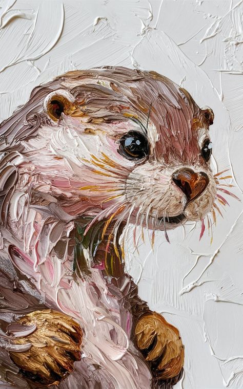 Close-up impasto painting of a cute otter in an oblique side profile. Intricate details create a lively and dynamic composition. The otter's large, expressive eyes and heart-shaped nose capture the viewer's attention, while its face is set against a textured white background. Also visible are strokes of varying widths and thicknesses, as well as thick overlays of paint, which give the work a multi-colored abstract look., illustration, painting Animal Composition Drawing, Otter Acrylic Painting, Small Canvas Art Aesthetic, Tiny Paintings Ideas, Textured White Background, Otter Painting, Earth Tones Paint, Otter Illustration, Moose Painting