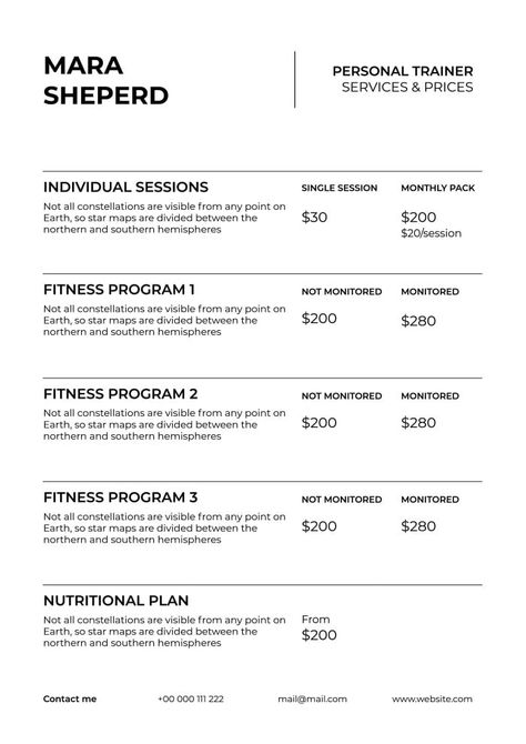 Simple Mara Shepherd Personal Trainer Price List Personal Trainer Price List Design, Personal Trainer Price List, Personal Training Price List, Personal Trainer Website, Personal Trainer Business, Fitness Branding, Personal Training Programs, Price List Design, Personal Training Business