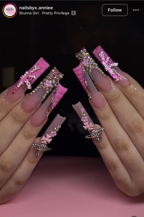 Pink Glitter Bling Nails, Pink Dramatic Nails, Extra Long Acrylic Nails Bling, Extra Bling Nails, Pink Nails Extra, Birthday Nails Extra, Hot Pink Bling Nails, Pink Junk Nails, Xl Long Acrylic Nails