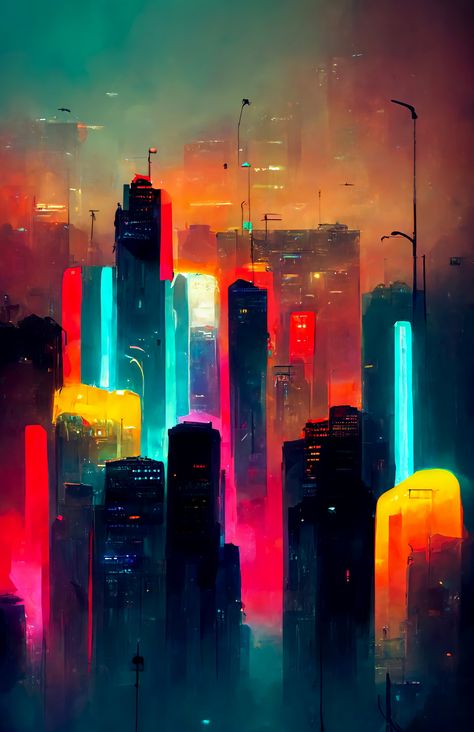 City Neon Aesthetic, Neon Skyline, Neon City Lights, Neon Backgrounds City, Neon Cityscape, Hang Tags Clothing, 11x17 Poster, Art Pens, City Art