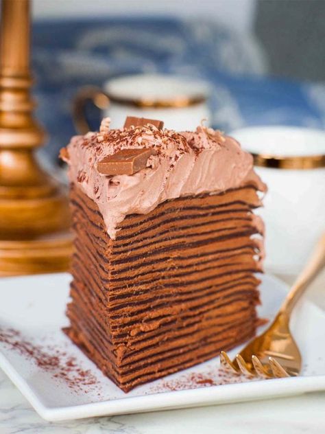 Triple Chocolate Crepe Cake Recipe (video) Chocolate Crepe Cake, Crepe Cake Recipe, Ultimate Chocolate Cake, Chocolate Crepes, Chocolate Whipped Cream, Crepe Cake, Triple Chocolate, Chocolate Buttercream, Almond Cakes