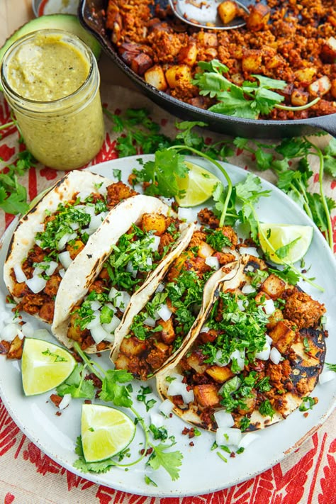 Chorizo and Potato Tacos with Avocado Salsa Verde Avocado Salsa Verde Recipe, Avocado Salsa Verde, Chorizo Tacos, Tacos With Avocado, Chorizo And Potato, Salsa Verde Recipe, Chorizo Recipes, Potato Tacos, Avocado Salsa