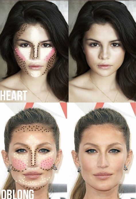 Makeup For Oval Face Shape, Contour Guide, Heart Face Makeup, Oblong Face Shape, How To Contour, Different Face Shapes, Contour Makeup Tutorial, Long Face Shapes, Diamond Face Shape