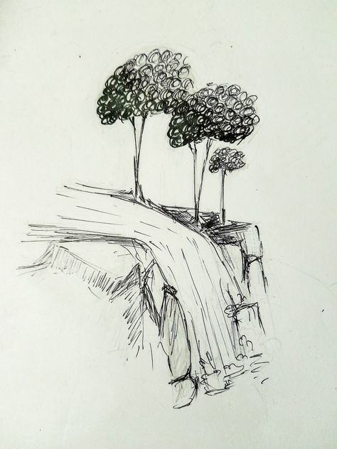 This exquisite Pinterest pin showcases a serene landscape drawing in black ball pen. 🖋️ On one side, three unique spiral-shaped trees stand tall, their intricate shading adding depth and character. 🌳🌀 On the other side, massive rocks frame the rushing waterfall, capturing the essence of nature's beauty. 🌊🍂 The play of light and shadow in this minimalistic artwork evokes the tranquility of a fall day. 🌟 #LandscapeArt #PenDrawing #NatureInspired Falling Off Cliff, Cliff Drawing, Autumn Waterfalls, River Bed, Tree Drawing, Pen Art, Natural Beauty, Trees, Pen