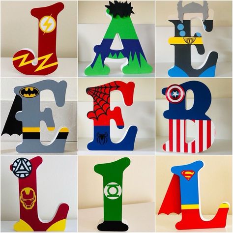 Superhero Personalised Freestanding MDF Wooden Letters | eBay Letter Painting Ideas Wooden, Letter Painting Ideas, Mandala Letters, Wooden Letter Ideas, Superhero Letters, Letter Painting, Woodland Nursery Wall, Wooden Letters Decorated, Painting Wooden Letters