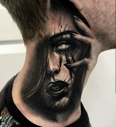 Womans Portrait, Best Neck Tattoos, Throat Tattoo, Evil Tattoos, Scary Tattoos, Neck Tattoo For Guys, Tatuaje A Color, Horror Tattoo, Head Tattoos