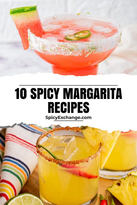 collage with two photos of margaritas with chili; text "10 spicy margarita recipes". Spicy Margarita Recipes, Watermelon Jalapeno Margarita, Mango Jalapeno Margarita, Marg Recipe, Spicy Margarita Recipe, Spicy Margaritas, Birthday Gathering, Traditional Margarita, Grilled Corn Salad