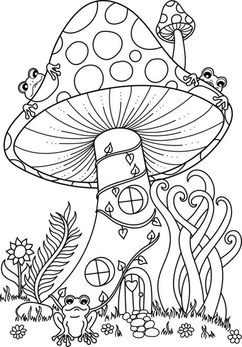 Adult Coloring Book Pages Free Printable, Free Fairy Coloring Pages, Hippie Coloring Pages, Mushroom Printable, Mushroom Coloring Pages, Colouring Pages For Adults, Mushroom Coloring, Tumblr Coloring Pages, Mushroom Houses