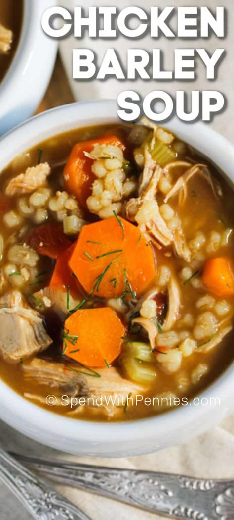 Homemade Chicken Barley Soup! This perfect cool weather recipe will warm you from the inside out! Loads of veggies, barley and chicken, you're going to want to make this over and over! #spendwithpennies #chickensoup #barleysoup #chickenbarleysoup #souprecipe Chicken Barley Soup Crockpot, Barley And Chicken, Chicken And Barley Soup, Barley Chicken, Soup Barley, Chicken Parts, Chicken Barley, Chicken Barley Soup, Soup Healthy