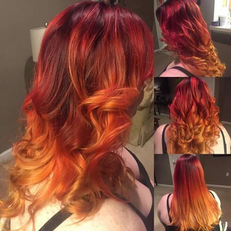 Fire Hair Aesthetic, Fire Hair Color Ombre, Red To Orange Ombre Hair, Fire Hair Dye, Calcifer Cosplay, Sunset Ombre Hair, Appearance Aesthetic, Hairdye Ideas, Fire Ombre Hair