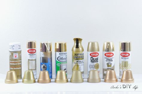 Detailed Comparison of 8 brands of Gold Spray Paint! Rustoleum Metallic and Design Master's were the most authentic gold color. Valspar Metallic has more of a rose gold, if you're looking for that color Best Gold Spray Paint, Spray Painting Wood Furniture, Metallic Gold Spray Paint, Rustoleum Metallic, Spray Paint Furniture, Silver Spray Paint, Silver Spray, Gold Throw Pillows, Painting Wood Furniture