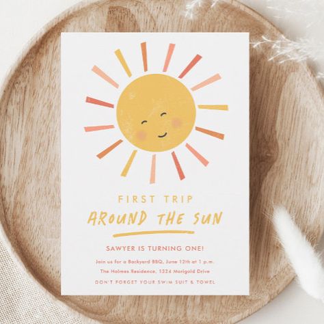 First Trip Around The Sun 1St Birthday Invitation #zazzle #weddinginvitations #birthdayinvitations #babyshowerinvitations #zazzleinvitations #monogram #businesscards #graduation #homedecor Sunshine First Birthday, Sun Birthday, First Trip Around The Sun, One Year Birthday, 1st Birthday Party Invitations, 1st Birthday Party Themes, Sunshine Birthday, 1st Birthday Themes, 1st Birthday Invitation