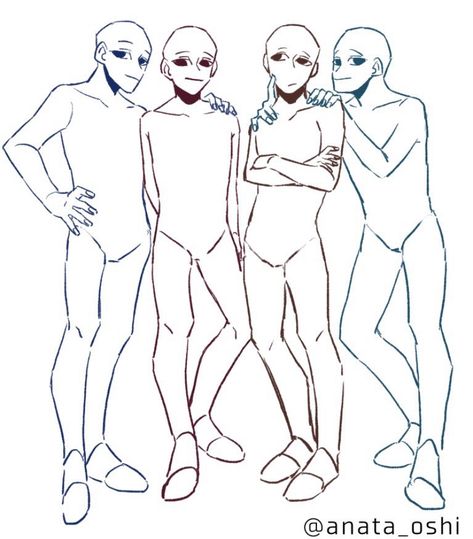 Anime Base Group Of Four, Drawing Poses Group Of 4, Poly Couple Drawing Reference, Group Pose, Art Bases, Base Drawing, Person Drawing, Body Base, Sketches Of People