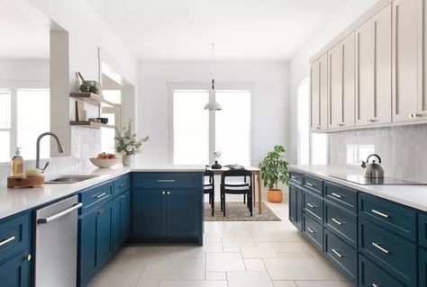 17 Blue-Green Paint Colors Designers Recommend Transitional Kitchen Ideas, Light Blue Paint Colors, Transitional Kitchens, Bold Paint Colors, Light Blue Paints, Blue Green Paints, Kitchen Updates, Blue Kitchen Cabinets, Eclectic Kitchen