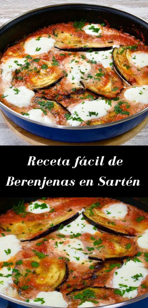 ¡No enciendo el horno!. Cocino las berenjenas en la sartén. Esta es la receta de berenjenas más fácil y deliciosa que he probado. Comida para toda la familia con poco dinero. Es una receta vegetariana y saludable. ¿Qué ingredientes necesito para hacer esta receta de berenjenas en sartén? Una o dos berenjenas. 1/2 litro de puré de tomate (tomate triturado crudo). 2 dientes de ajo. Queso Mozarella. Aceite de oliva. Skillet Eggplant, Easy Eggplant, Eggplant Recipes Easy, Eggplant Recipe, Tomato Puree, Eggplant Recipes, Skillet Meals, I Love Food, Veggie Recipes