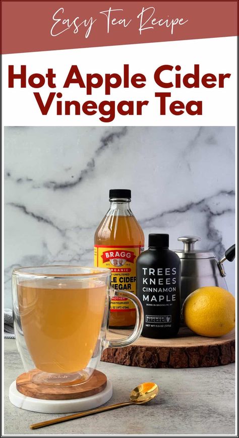 This apple cider vinegar tea recipe is a light, sweet. and soothing warm tea. It is full of all the powerhouse health ingredients for a daily detox, or to relax after a long day. Enjoy this easy apple cider vinegar detox tea made with simple ingredients. An apple cider vinegar drink is great whether you need a cleanse, or just to sip on something warm and mildly sweet. #applecidervinegartea #applecidervinegardrink Vinegar Tea, Apple Cider Vinegar Tea, Apple Cider Vinegar Drink Recipes, Apple Cider Vinegar Lemon, Apple Cider Vinegar Uses, Hot Tea Recipes, Vinegar Drink, Apple Cider Vinegar Detox Drink, Vinegar Drinks