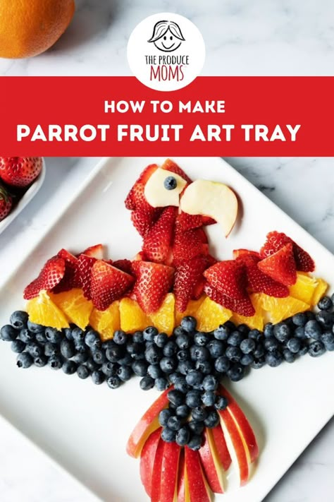 parrot made of blueberries, oranges, strawberries and apple slices. Tropical Party Foods, Animal Themed Food, Mediterranean Desserts, Summer Get Together, Bird Birthday Parties, Bird Party, Bird Birthday, Fruit And Veggie, Party Trays