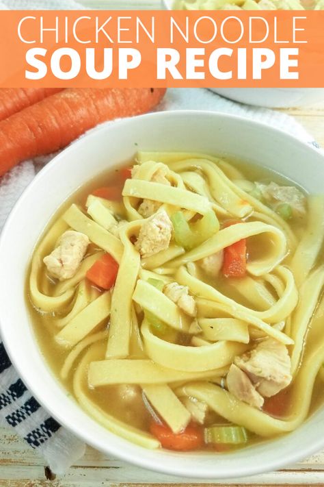 A classic and quick #noodle soup to make. This chicken noodle #soup recipe is so easy to whip up. The perfect meal for a rainy day or if you want a no-fuss delicious soup. Composed of few ingredients that you may already have in your home, this soup recipe won't cost you a dime. #souprecipe #chickennoodlesoup #noodlesoup Leftover Chicken Soup, Classic Chicken Noodle Soup, Chicken Soup Recipes Easy, Cozy Soup, Chicken Noodle Soup Recipe, Kids Plate, Chicken Noodle Soup Easy, Super Easy Dinner, Chicken Soup Recipe