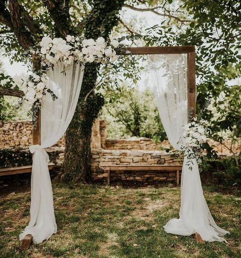 Simple Wooden Arch Wedding, Wedding Arch Ideas Eucalyptus, Outside Simple Wedding Ideas, Wedding Wooden Arch Decor, Wooden Arch Wedding Decor, White Rose And Eucalyptus Wedding Arch, Simple Arch Decor, Greenery Wedding Arch Outdoor Ceremony, Simple Flower Arch Wedding