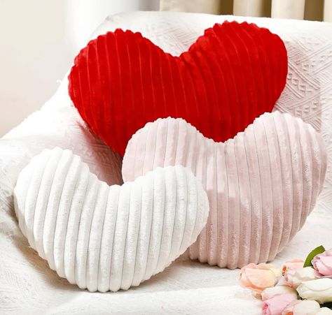 3 Pcs Valentine's Day Heart Pillows Ribbed Heart Shaped Throw Pillows Large Love Heart Pillows Red Ivory and Pink Heart Pillows for Women Girls Couch Bed Sofa Valentine's Day Gift Decor