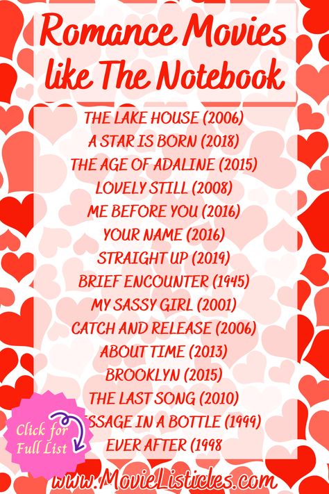 25 Romance Movies Like The Notebook - Couples Date Night Movies. Click the pin to get the FREE movie checklist. Follow me for more movie ideas, movie recommendations, movie night printables free to you and the best movies to watch lists in every genre. Our list ideas are perfect for couples date night, girls night, a movie party and family night at home. #movielisticles