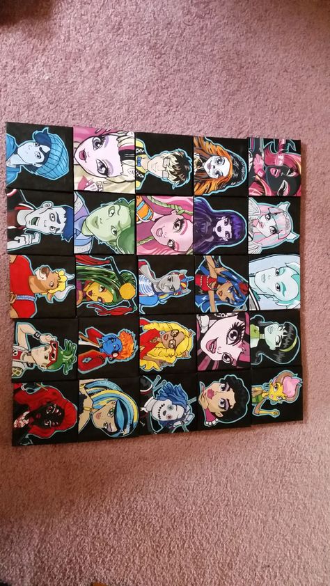 This is not complete. The pics are finished themselves, but I have 25 to 30 left to do in order to complete all the most important monster high characters. I wanted to do them all, but the number of them keep growing and some I swear I've never seen. They are each on their own 4x4 canvas. Glued together on a large board. Again, the canvas ( 2 in a pack for a dollar)and some paint and brushes from dollar store. I had to buy a few special tiny brushes from Michaels to be able to properly create th Monster High Graduation Cap, Monster High Painting, Coquette Pics, Record Painting, High Characters, Monster High Pictures, Hippie Painting, Monster High Art, Keep Growing