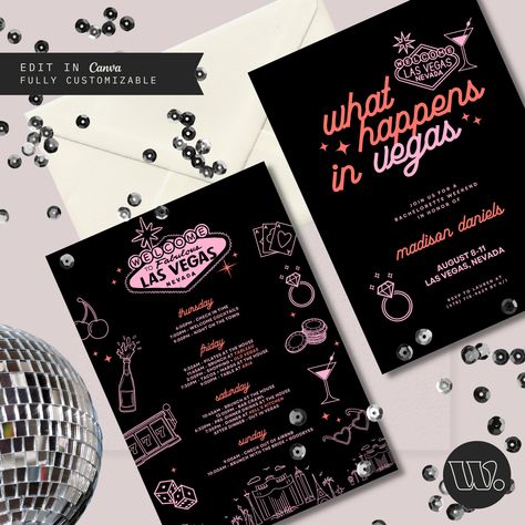 Are you planning an unforgettable bachelorette weekend in Vegas? Make sure to snag the perfect edgy but girly invite with Vegas! This DIY printable 5x7 invitation template is perfect for customizing a stylish Canva design to make your bachelorette celebrations truly special. The invitation and itinerary feature the a coral and pink color palette that's got us ready to roll the dice on love. Use this template to edit the fonts, font color, and background color to match your event needs. Make your Disco Bachelorette Itinerary, Vegas Birthday Invitations, Las Vegas Bachelorette Party Theme, Vegas Bachelorette Themes, Vegas Invitations, Vegas Bachelorette Itinerary, Vegas Bachelorette Party Themes, Casino Bachelorette Party, Unique Bachelorette Party Themes