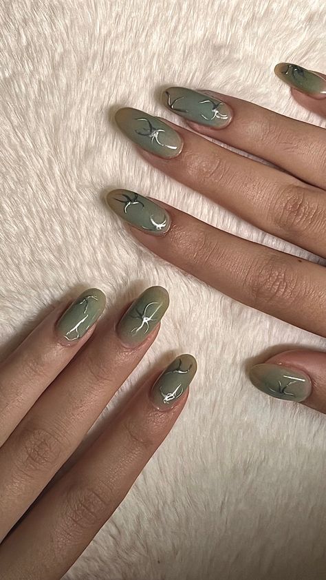 Acrylic Nails For Green Dress, Jade Green Gel Nails, Simple Nail Art Green, Earthcore Nails, Sage Green Jelly Nails, Sage And Black Nails, Cybersigilism Nail Art, Black And Sage Green Nails, Grunge Fairycore Nails