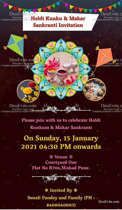 haldi-kunku-makar-sankrant-card Pongal Invitation Card, Makar Sankranti Invitation Card, Haldi Kumkum Invitation Cards, Haldi Kunku, Festival Invitation, Favourite List, Haldi Kumkum, Invitation Card Maker, Online Invitation Card