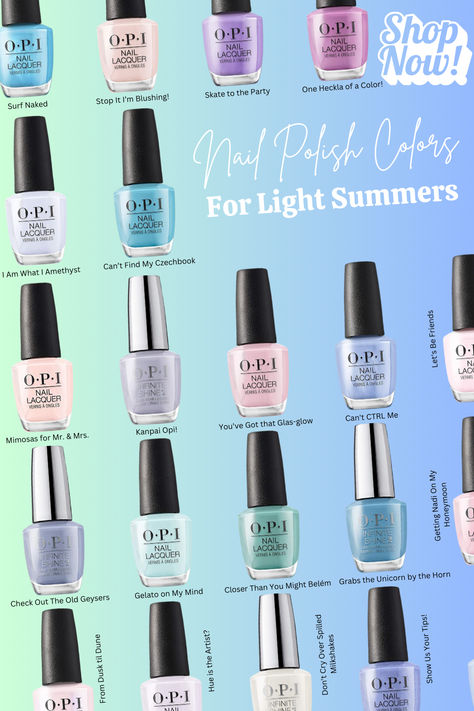 Discover Your Perfect Nail Polish Shades for Every Seasonal Color Palette! True Summer Nail Polish, Light Summer Nails Colors, Soft Summer Nails, Light Summer Palette, Color Palette Fashion, Light Summer Style, Light Summer Clothes, Light Summer Color Palette, Seasonal Color Palette