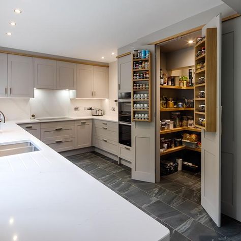 Kitchen Pantry Utility Layout, Larder Units Kitchen, Pantry In Cupboards, Large Pantry Cupboard, Integrated Pantry, Walk In Larder, Pantry Cupboard Designs, Kitchen Larder Cupboard, Cupboard Pantry