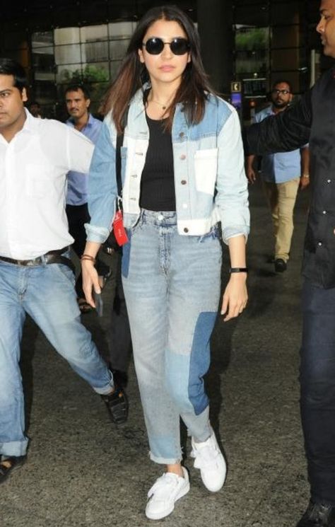 ANUSHKA SHARMA IN JEANS #Anushkasharma #jeans #denimjacket #jeanswear Celebrity Airport Looks, Jacket Jeans Outfit, Latest Dress Patterns, Coloured Denim Jacket, Coloured Denim, Celebrity Airport Style, Korean Outfits Kpop, Denim Jacket And Jeans, Deepika Padukone Style