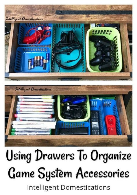 Using drawers to organize game system accessories and supplies. How I organized our game system accessories with drawers on a TV console. Video Game Console Organization, Game System Organization, Game Console Organization, Video Game Organization, Organize Planner, Controller Storage, Video Game Storage, Video Game Controllers, Game Organization