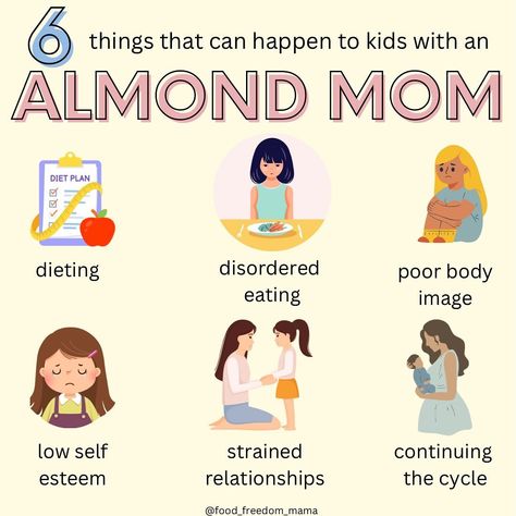 Did you grow up with an almond mom? If you’re not familiar with the term, an “almond mom” is a diet mom (could also be a dad). She’s completely wrapped up in diet culture and is always on a diet, criticizing her body and her kids’ bodies, and commenting on others’ food choices. She’s giving diet advice like “if you’re hungry just eat a couple almonds and chew them REALLY well” Maybe you grew up with a mom like this and are trying to heal the generational trauma and break the cycle for your... Almond Mom Diet, Almond Mom, Almond Daughter Food, How To Deal With Mom Rage, Almond Nutrition Facts, Bad Mom Meme, Diet Culture, Recovery Quotes, Intuitive Eating