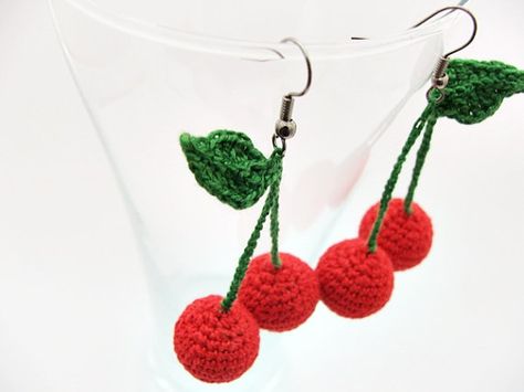 Crochet cherry earrings fruit jewellery by spikycake on Etsy, $15.00 Fruit Diy, Diy Crafts Crochet, Crochet Jewelry Patterns, Crochet Earrings Pattern, Fruit Jewelry, Cherry Earrings, Crochet Motifs, Diy Schmuck, Crochet Accessories