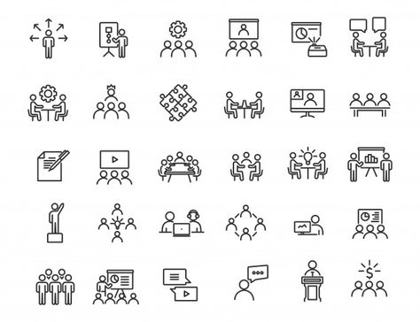 Set of linear business training icons. w... | Premium Vector #Freepik #vector #business #design #computer #education Airport Logo, Workshop Icon, Zestaw Ikon, Education Icon, Business Training, Design Vector, Graphic Design Inspiration, Flyer Design, Simple Design