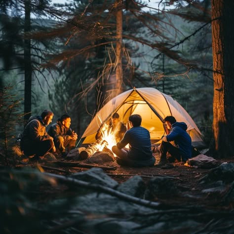 Camping Friends Gathering: A group of friends gather around a warm campfire in the evening outside their tent. #camping #friends #campfire #tent #evening #aiart #aiphoto #stockcake ⬇️ Download and 📝 Prompt 👉 https://ayr.app/l/81Mj Friends Spending Time Together, Camping Vibes Friends, Camping Photoshoot Ideas, Friends Campfire, Camping Photography Friends, Camp With Friends, Camping In Forest, Friends In Nature, Campfires Photography