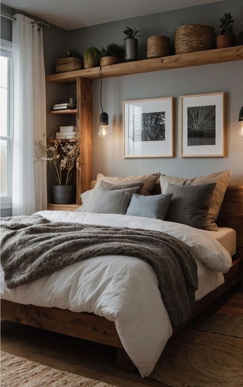 Modern Country Bedroom Decor, Basic Room Decor Ideas, Dark Wood Room Ideas, Grey Wood Floor Bedroom Ideas, Bedroom Ideas For Small Master Bedrooms, Black And Cedar Interior, Grey Wood Headboard Bedroom, Bed Rooms Ideas Simple, Bedroom Small Space Ideas