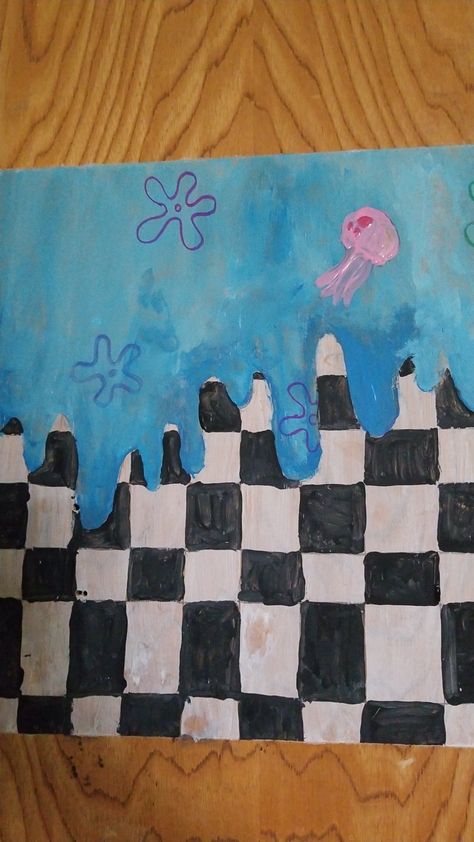 I did a drip with checkers and the drips looked like the background for spongebob, so I added the flower thingies and the JELLYFISH. tada. Checkered Background, Canvas Painting Diy, Checkered Pattern, Jellyfish, Diy Painting, Painting Ideas, Sofia, Tatting, Canvas Painting