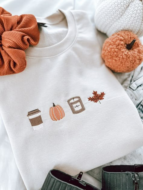 Give me alll the fall things! Say hello to your new favorite embroidered fall sweater Please note, this is a PRE-ORDER. Please allow 1-2 weeks for processing time. All other items in your order will be shipped at the same time.  Material: 50/50 polyester cotton blend, Gildan Softstyle crewneck Fall Crewneck Sweatshirt, Fall Things, Cozy Fall Outfits, Leaves Autumn, Coffee Sweatshirt, Pumpkin Candles, Embroidered Crewneck, Fall Fits, Little Outfits