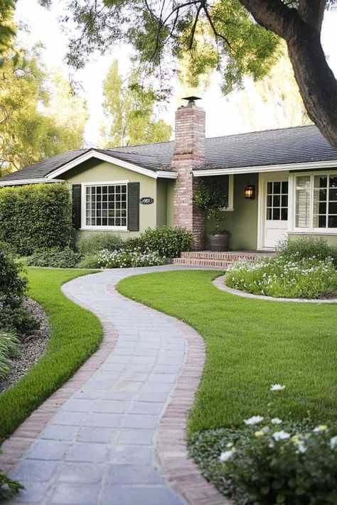 ranch_home_exteriors_green (37) L Shaped Ranch Exterior, Landscape Ideas Front Yard Ranch, Landscaping Ranch Style Homes, Ranch Home Exteriors, Ranch House Landscaping, Green Ranch, Exterior Addition, Ranch Makeover, One Level Homes