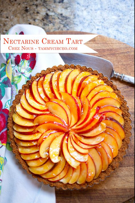 This beautiful tart celebrates everything summer is about! Gorgeous fruit with a cool filling in a gingersnap crust. https://.tammycirceo.comnectarine-cream-tart-in-a-gingersnap-crust Fruit Tart Crust Recipe, How To Make Fruit Tart Crust, Cranberry Gingersnap Tart, Pumpkin Tart With Gingersnap Crust, Peach Frangipane Tart, Blueberry Cake Mix, Cake Mix Muffins, Dressing For Fruit Salad, Bon Appetite Recipes