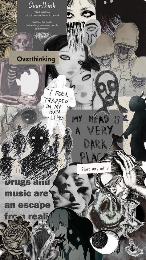 "An intricate collage capturing the essence of overthinking, blending chaotic thought patterns with intricate details, symbolizing the constant mental tapestry that weaves through the mind's labyrinth." Aesthetic Overthinking, Ghibli Background, Chaotic Mind, Studio Ghibli Background, Design Collage, Mind Thoughts, Thought Patterns, Recent Anime, Where Is My Mind